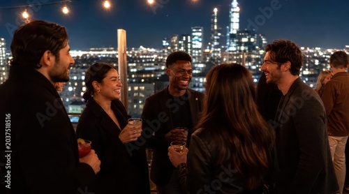 Friends socializing at a rooftop bar at night