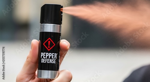 Hand holding and spraying a pepper spray canister for self defense