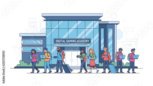 Fotografía Students Arrive at Digital Gaming Academy: A group of diverse students, each carrying a laptop or tablet, arrive at the modern Digital Gaming Academy, ready for a new educational journey