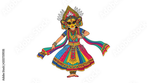 Fotografi Vibrant Indian Dancer: An intricately illustrated Indian classical dancer, adorned in a colorful, traditional costume and elaborate headdress, strikes a dynamic pose