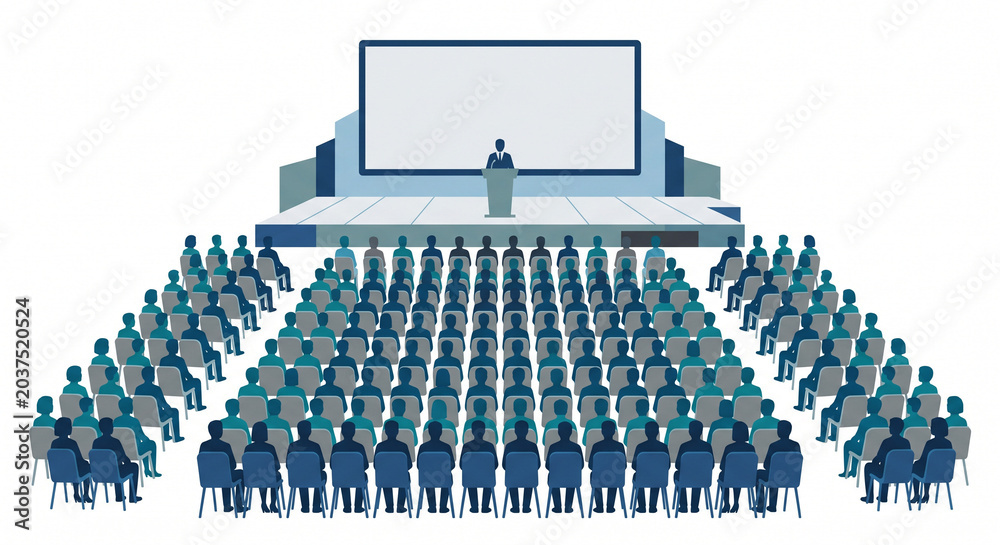 Fototapeta premium Clean minimalist vector illustration of a business conference with simplified silhouettes of people for corporate event presentation and seminar marketing