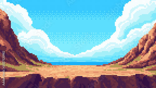 Canvas Print Pixel art landscape background with rocky cliffs and floating clouds in blue sky