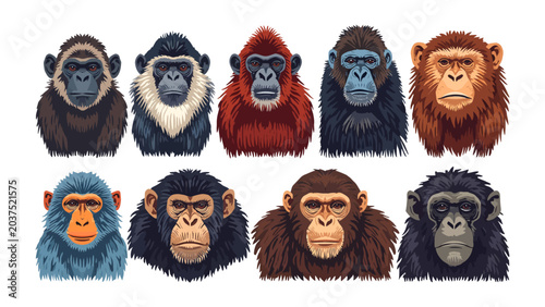 Photography Collection of Primate Portraits: A diverse array of primate heads, showcasing varied species with distinct facial features and fur textures, presented in a cohesive collection