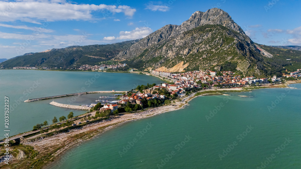 Obraz premium aerial drone historic old town port and harbor bay of Antalya city. Cityscape and urban resort lifestyle in Turkey
