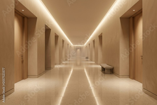 Elegant Minimalist Backrooms Hallway with Cinematic Lighting