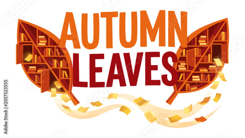Foto Autumn Leaves Bookmark Concept: Two stylized autumn leaves, crafted as bookshelves filled with books, creatively form the title AUTUMN LEAVES above a scattering of falling pages