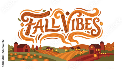 Tableau sur toile Fall Vibes Autumnal Landscape: Whimsical lettering proclaims Fall Vibes amidst a charming autumn scene featuring barns, pumpkins, and glowing string lights, evoking the cozy spirit of the season