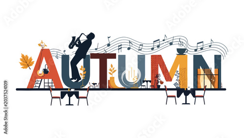 Tableau sur toile Autumn Jazz Cafe: A stylish illustration depicts the word AUTUMN embellished with autumnal motifs, featuring a jazz musician playing a saxophone amidst a charming cafe setting