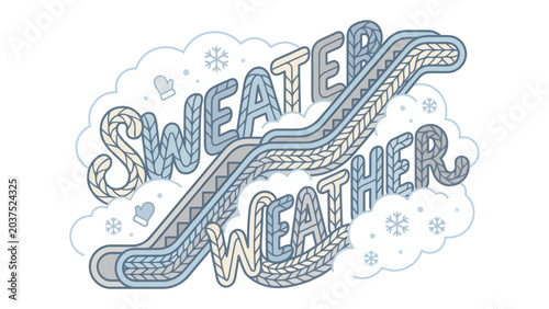 Tableau sur toile Escalator and text Sweater Weather as if knitted with a wool texture, surrounded by winter elements like snowflakes and mittens