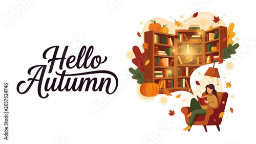 Konstfotografi Cozy Autumn Reading Nook: A warm and inviting illustration depicting a person engrossed in a book while seated in a comfortable armchair, surrounded by autumnal elements like pumpkins, fallen leaves