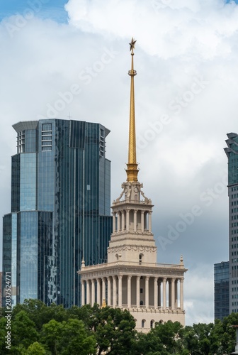Photography The spire of the Shanghai Exhibition Center in the city skyline