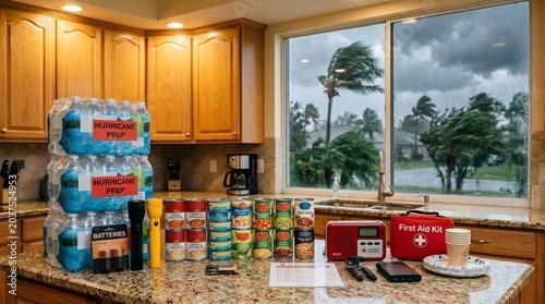 Emergency hurricane preparedness supplies arranged on a kitchen counter during a storm.