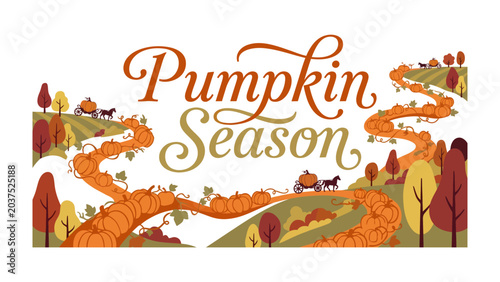 Foto Pumpkin Season Harvest: A whimsical illustration depicting a picturesque landscape adorned with pumpkins, winding paths, and autumnal trees, celebrating the spirit of pumpkin season and harvest time