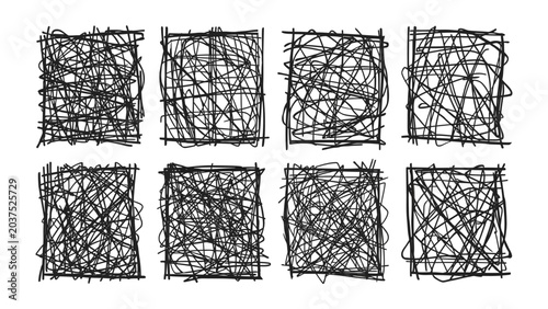 Bild auf Leinwand Abstract Scribble Squares: A collection of eight squares filled with chaotic black scribbled lines, creating a sense of abstract art and disorganized texture