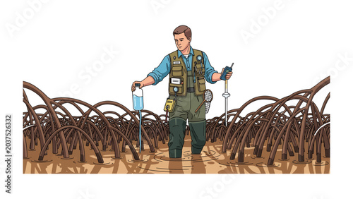 Bild auf Leinwand Biologist in Mangrove Research: A biologist stands knee-deep in murky water, examining mangrove roots with a tool and water sample