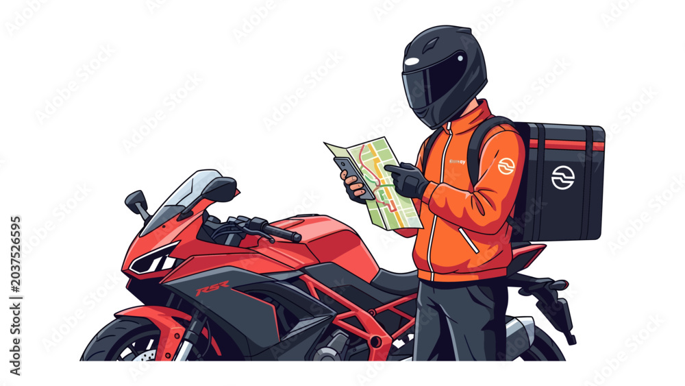 Fototapeta premium Delivery Driver with Motorcycle: An illustration of a delivery driver wearing a helmet and holding a map, standing next to a red motorcycle with a delivery box.