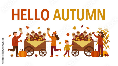 Foto Hello Autumn Cart Festival: A vibrant illustration depicts a joyous autumn festival with families pulling carts laden with pumpkins, corn, and autumn leaves, celebrating the season's bounty