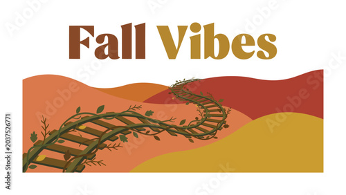 Fotografija Fall Vibes Illustration: A whimsical illustration capturing the essence of autumn with rolling hills in warm hues and a wooden railway track entwined with vines, evoking a nostalgic and cozy feeling