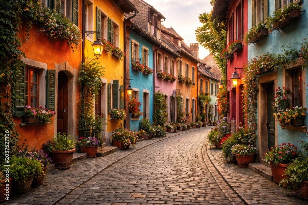 Obraz premium Quaint ancient street showcasing a series of vivid colorful homes