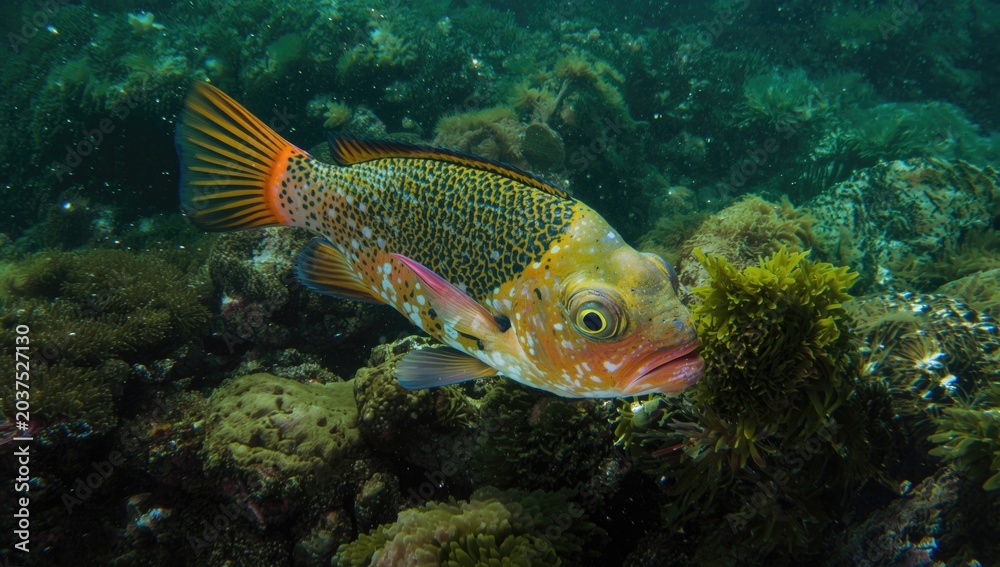 Fototapeta premium Bumphead Parrotfish Grazing Algae Sunlit Shallow Reef Habitat, Underwater Scene