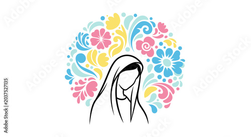 Stylized line art illustration of the Virgin Mary surrounded by colorful floral elements.
