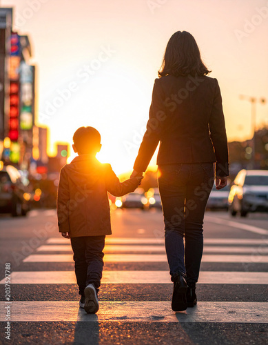 The mother holds her child’s hand while crossing a busy city street, captured from the back at dusk.