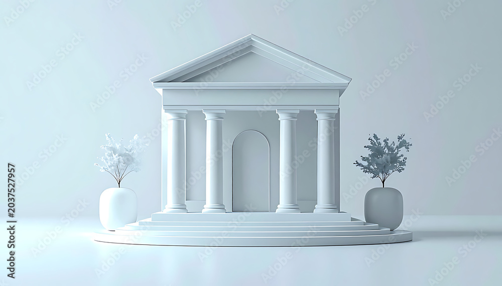 Naklejka premium Minimalist white neoclassical building with columns and a pediment, symmetrical facade, flanked by potted plants, representing architecture, government, or finance