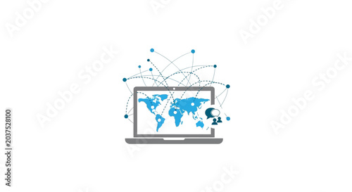 Global network and world map on laptop.