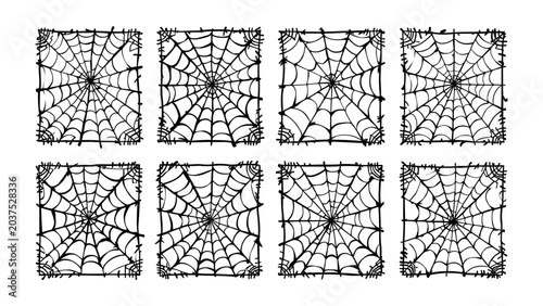 Valokuva Spiderweb Collection: A set of eight hand-drawn spiderwebs, each enclosed in a square border, showcasing intricate patterns and delicate details