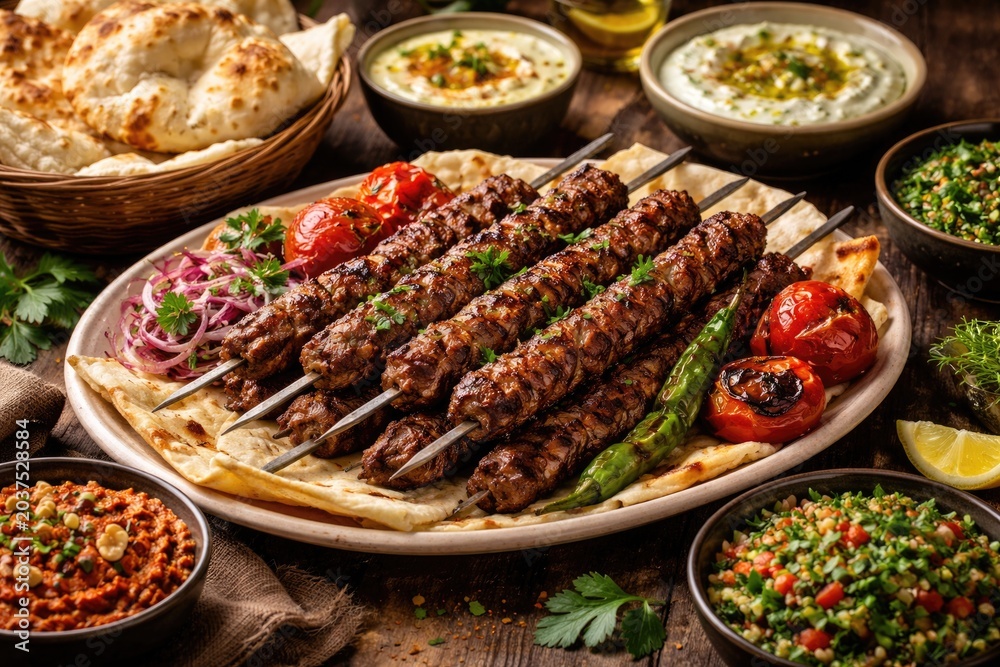 Obraz premium Traditional lamb kebab meal paired with soft fresh bread and dips
