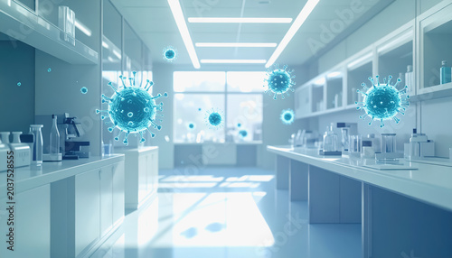 Laboratory with shelves of equipment and floating blue virus particles