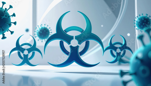 Blue Biohazard Symbols and Coronavirus Particles in a Bright Laboratory
