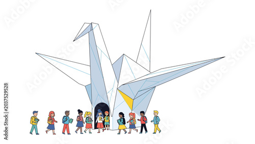 Origami Crane Entrance: Children walk towards a giant, stylized origami crane structure, symbolizing creativity, education, and wonder.