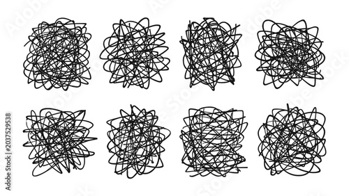 Fotografía Abstract Scribbles: A collection of eight black ink scribbled patterns, each abstract and chaotic, creating a sense of disarray or creative energy