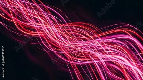 Abstract Pink Neon Light Streaks Flowing on Black Background