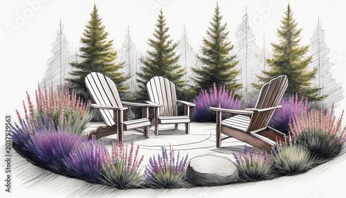 professional sketch of landscape design of firepit zone with adirondack chairs heather sage pine and spruce trees