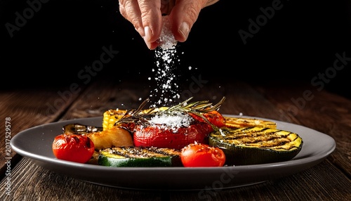 hands sprinkling sea salt over grilled vegetables
