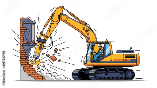 Bild auf Leinwand Demolition Excavator Breaking Wall: A yellow excavator with a hydraulic breaker attachment is actively demolishing a brick wall, sending debris flying