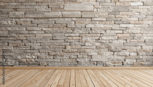 Bare room with natural stone wall and light wooden floorboards
