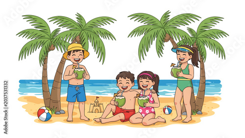 Canvas Print Tropical Beach Paradise: A group of joyful children enjoy a sunny day at the beach, sipping coconut drinks under the shade of palm trees, with the ocean waves gently lapping the shore