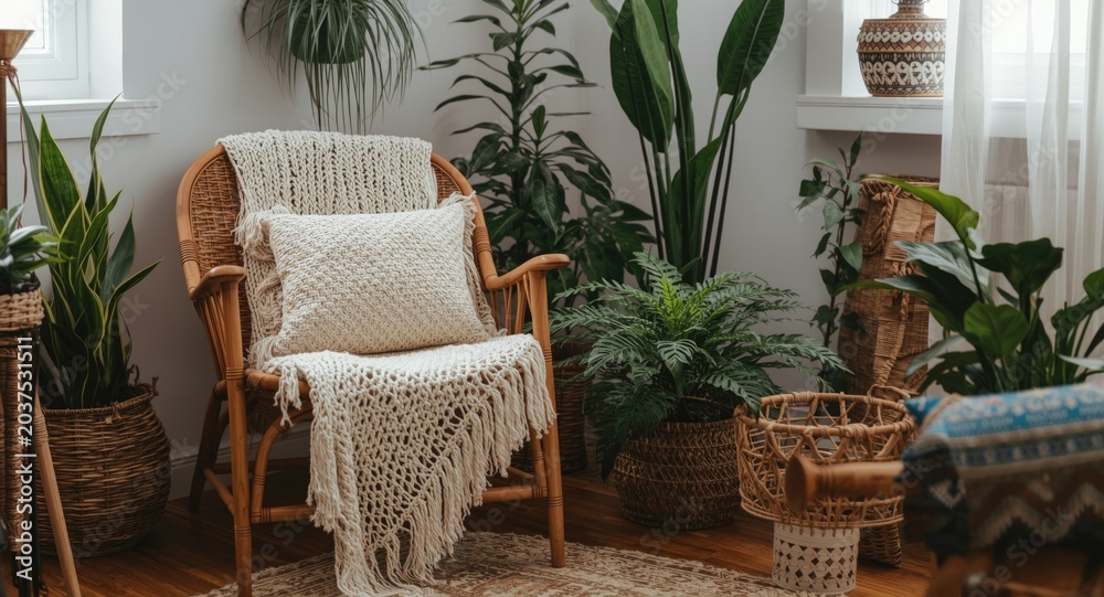 Obraz premium Bohemian style living room featuring white crocheted throw on wooden armchair with lush houseplants and wicker basket cushion decor