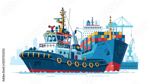 Schilderij op canvas Maritime Logistics: A powerful tugboat navigates the choppy waters alongside a massive cargo ship laden with containers, with cranes visible in the industrial port backdrop