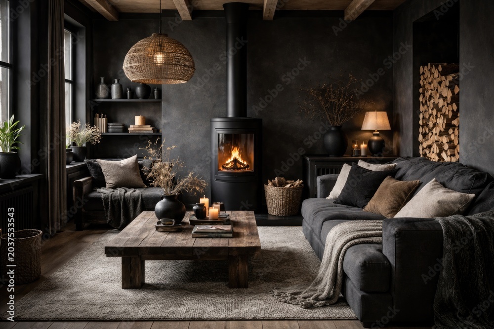Naklejka premium Stylish Scandinavian black decor showcasing fireplace couch and stove in a mock up illustration