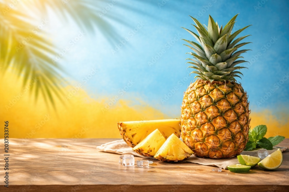 Obraz premium Pineapple fruit on tabletop with lively blue and yellow wall and ample copy space