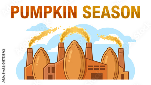 Konstfotografi Pumpkin Factory Emission: A whimsical illustration depicts a pumpkin-shaped factory with smoking chimneys, hinting at seasonal production and the flavors of autumn