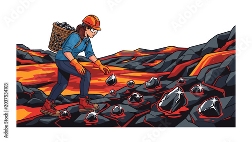 Obraz na plátně A miner collecting coal from a volcanic landscape, a dangerous yet rewarding endeavor