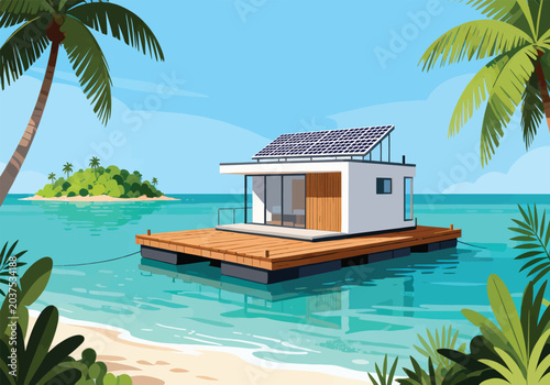 Tableau sur toile Floating Tropical Beach Villa Vector Illustration with oceanfront deck and luxur