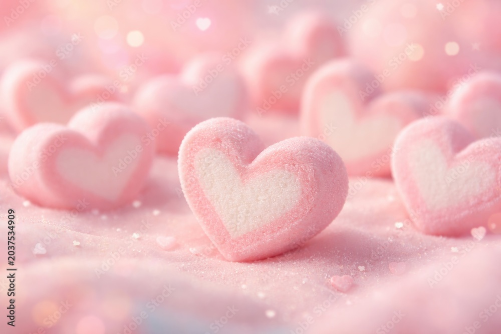 Fototapeta premium Pastel soft background with pink heart marshmallow symbolizing romance