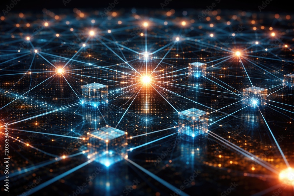 Fototapeta premium Conceptual blockchain structure featuring connected dots over internet theme