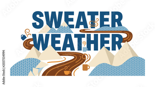 Tableau sur toile Sweater Weather Cozy Scene: A charming illustration depicts Sweater Weather with a winding road, steaming mugs, and snow-capped mountains, evoking a feeling of warmth and comfort
